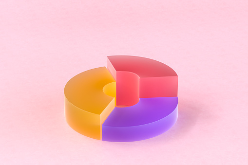From above 3D rendering of colorful pie chart with parted pieces against pink background