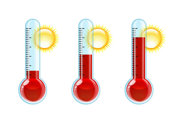 set aus drei transparenten roten thermometern mit unterschiedlichen pegeln. - thermometer stock-grafiken, -clipart, -cartoons und -symbole