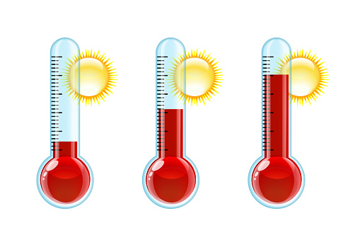 Set of three transparent red thermometers with different levels. Vector illustration isolated on white background