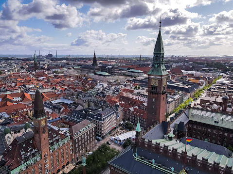 Beautiful aerial view of the Copenhagen City Hall and plaza in the  city of Copenhagen the capital of Denmark