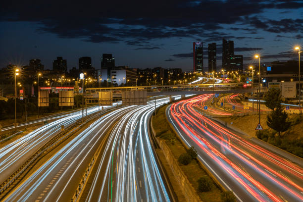 istock Madrid cityscape with road night lights trails. Contepts 1433669101