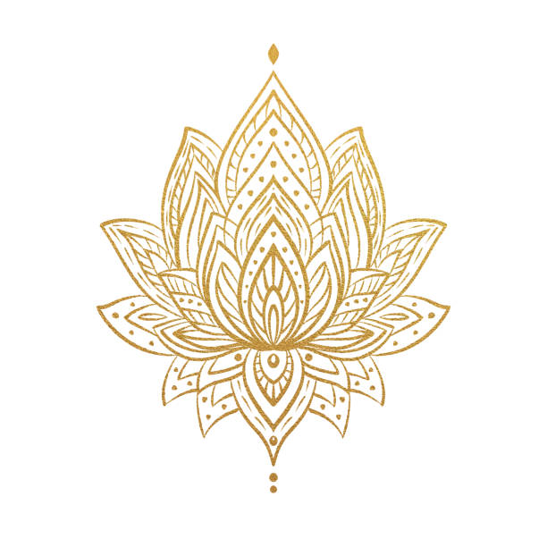 illustrazioni stock, clip art, cartoni animati e icone di tendenza di sfondo del modello di mandala di ninfea di colore oro disegnato a mano. henna, decorazione del tatuaggio mehndi. ornamento decorativo in stile etnico orientale. - loto