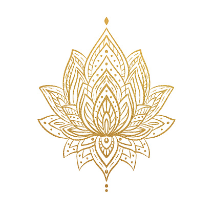 Hand Drawn Gold Colored Water Lily Lotus Mandala Pattern Background. Henna, Mehndi Tattoo Decoration. Decorative ornament in ethnic oriental style.