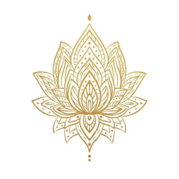 Vector illustration of Hand Drawn Gold Colored Water Lily Lotus Mandala Pattern Background. Henna, Mehndi Tattoo Decoration. Decorative ornament in ethnic oriental style.