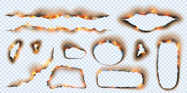 Burnt paper holes isolated set. Vector realistic fire scorched and torn edges of paper sheets with burned damages on sides and abstract unburned holes Burnt paper holes isolated set. Vector realistic fire scorched and torn edges of paper sheets with burned damages on sides and abstract unburned holes. at the edge of stock illustrations