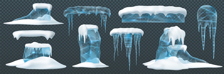 Ice and snow. Elements arctic snowy cold water winter. Realistic icon set, cartoon style. Vector illustration.