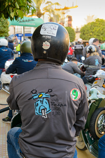 Arahal, Seville.Spain. October 15, 2022. Detail of the jacket of one of the participants in the meeting of Vespa enthusiasts El Avispero.