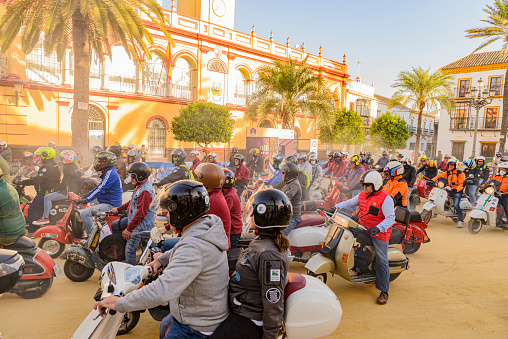 Arahal, Seville.Spain. October 15, 2022. In October, El Avispero (The Wasp's Nest) is held in Arahal (Seville). A meeting of Vespa scooter enthusiasts and collectors.
