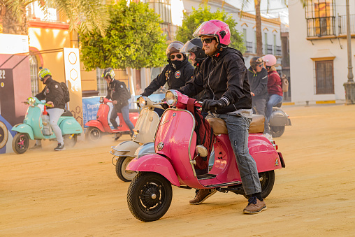 Arahal, Seville.Spain. October 15, 2022. In October, El Avispero (The Wasp's Nest) is held in Arahal (Seville). A meeting of Vespa scooter enthusiasts and collectors.