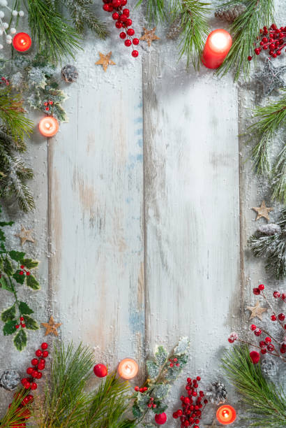 istock Christmas background frame with fir tree, holly, stars with snow 1433677302
