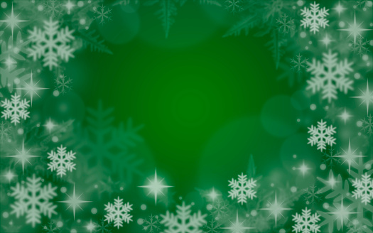 Christmas background with snowflakes and snow over green color backdrop illustration
