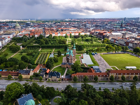 Beautiful aerial view of Copenhagen Botanical Garden, and Kew Gardens located in the centre of Copenhagen capital of Denmark