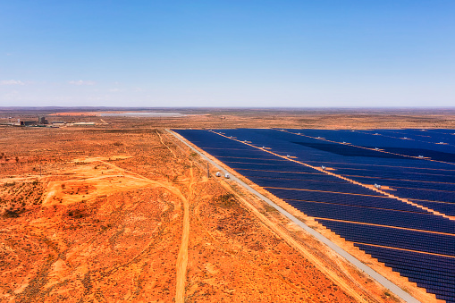 Generation of renewable electricity at solar power plant near broken Hill city in Australian outback.