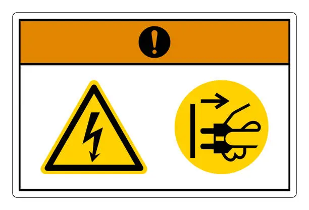 Vector illustration of Warning Hazardous Voltage Disconnect Mains Plug From Electrical Outlet Symbol Sign On White Background