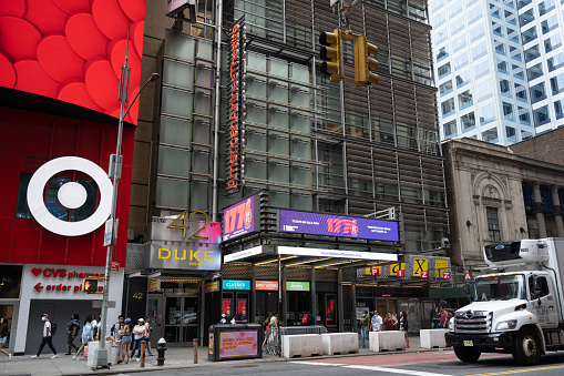 New York, NY, USA - June 7, 2022: The American Airlines Theatre, with 1776 playing.