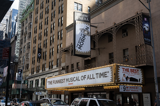 New York, NY, USA - June 9, 2022: The Eugene O'Neill Theatre, with The Book of Mormon playing.