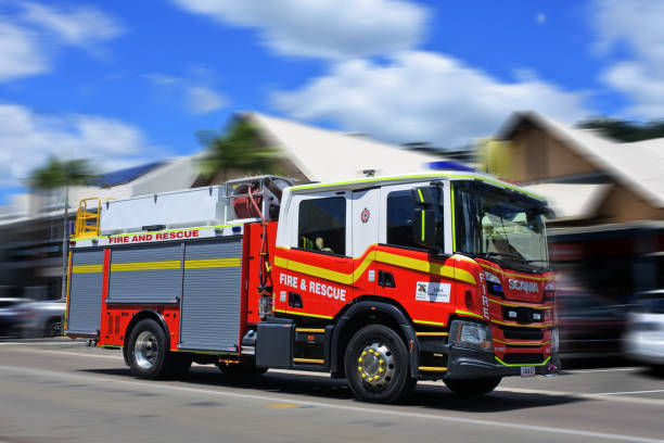 Australian firetruck rushing to scene in Queenalnd Australia stock photo