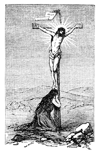 Jesus Christ hangs on the cross and  Mary Magdalene cries at his feet. Illustration published 1868. Copyright expired; artwork is in Public Domain. Digitally restored.