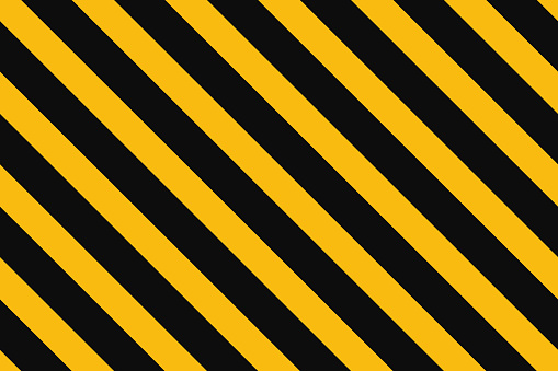 Warning seamless pattern with yellow and black diagonal stripes. Warn caution background. Yellow and black lines tape. Hazard caution sign seamless texture. Vector illustration.