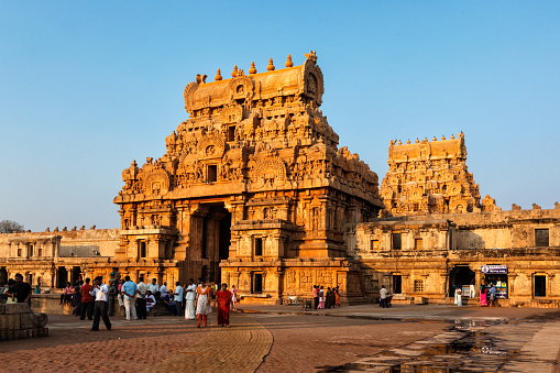 Tanjore, India - March 26, 2011: Famous Brihadishwarar Temple in Tanjore (Thanjavur), Tamil Nadu, India. UNESCO World Heritage Site and religious pilgrimage site Greatest of Great Living Chola Temples