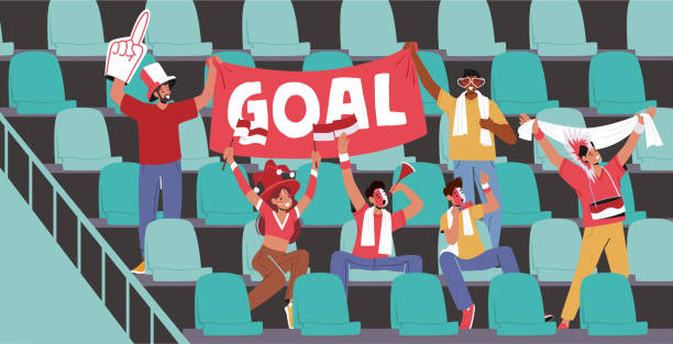Cheerful Fans Male and Female Characters Wearing Sports Club Uniform with Flag in Hands Sitting and Cheering on Tribunes Cheerful Fans Male and Female Characters Wearing Sports Club Uniform with Flag in Hands Sitting on Tribunes Cheering for Favorite Sport Team Watching Football Match. Cartoon People Vector Illustration men watching soccer game stock illustrations
