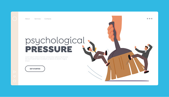 Psychological Pressure Landing Page Template. Downsnizing, Company Personnel Reduction and Dismissal Concept. Huge Leader Hand Sweep Business People with Huge Brush. Cartoon Vector Illustration