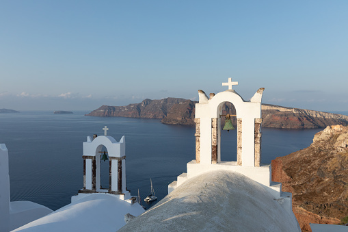 landscape and architecture of the volcanic caldera island of Santorini in Greece