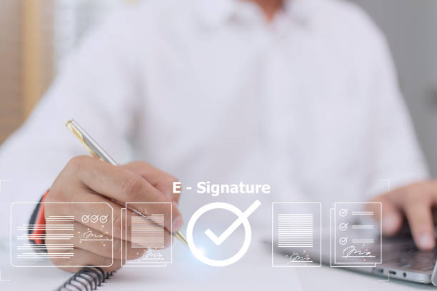 istock Online business contract Electronic signature, e-signing, digital document management, paperless office, signing business contract concept. 1433700899