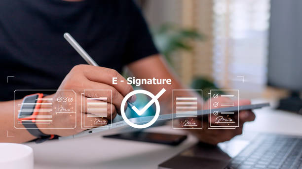 istock Online business contract Electronic signature, e-signing, digital document management, paperless office, signing business contract concept. 1433700906