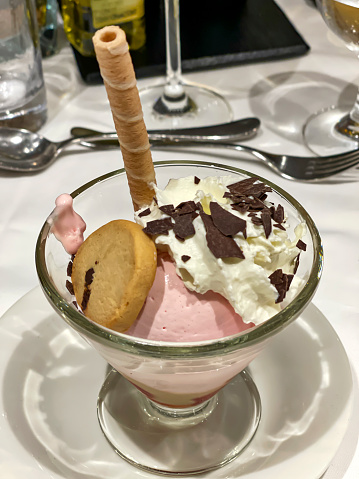 Elegant ice cream sundae served as dessert on river cruise ship