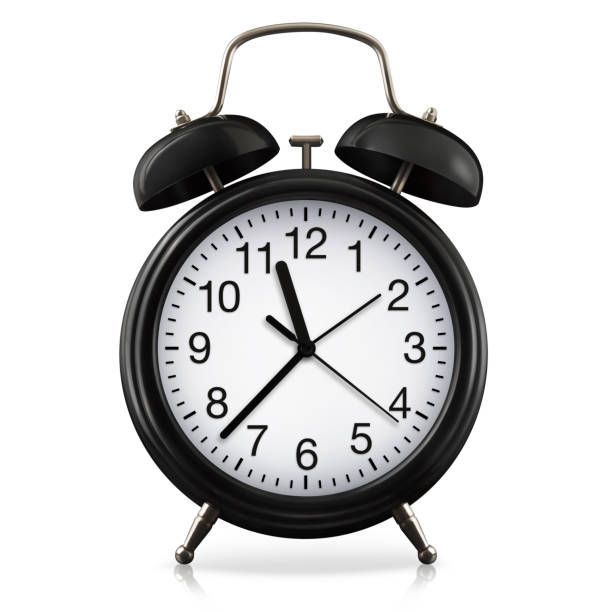 classic bell alarm clock, isolated on white background, black metal object front view still life