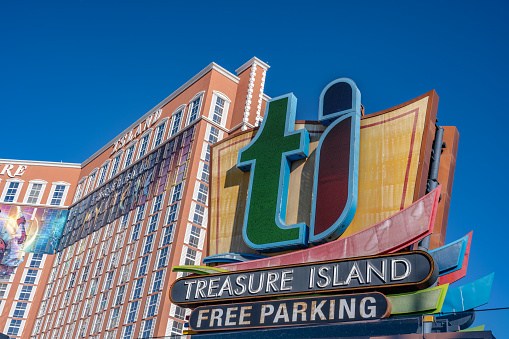 Las Vegas, NV - November 24, 2021: Sign for the famous Treasure Island (TI) Hotel and Casino on Las Vegas Boulevard.