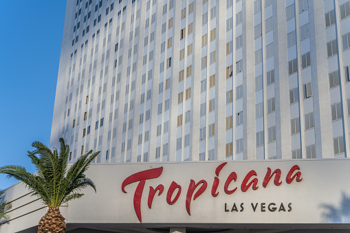 Las Vegas, NV - November 24, 2021: Exterior sign for the famous Tropicana Hotel and Casino, on Las Vegas Boulevard.