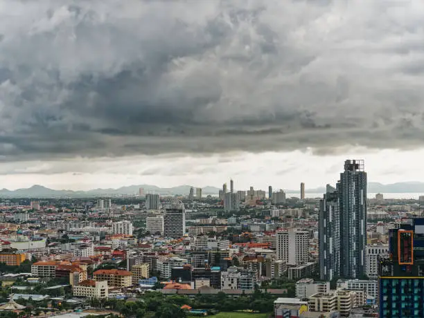Cityscape of Pattaya City Thailand in Dark Cloud Stormy Weather