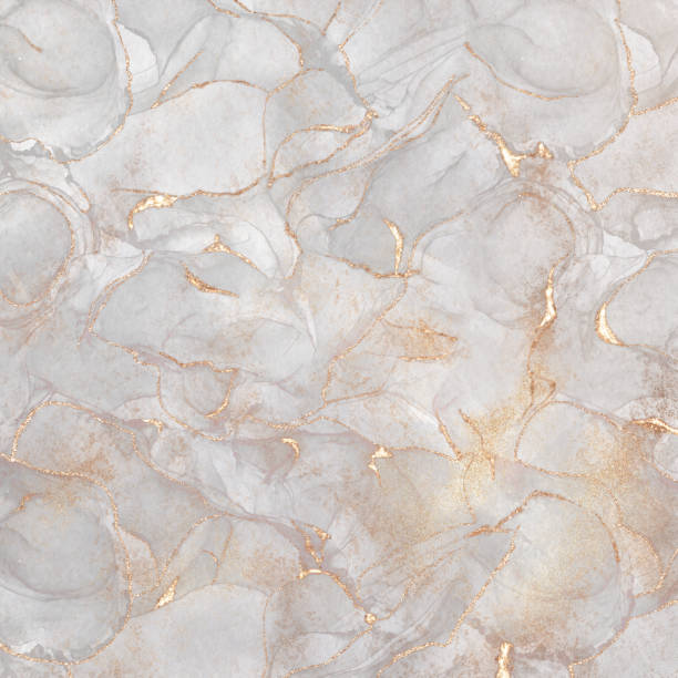 istock Beautiful and delicate illustration background with gold curved decoration on gray marble-like texture, alcohol ink art square banner 1433725610
