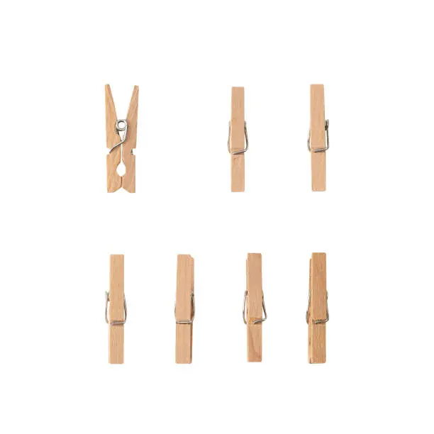 Set of Wooden Clothespin isolated on white background with clipping path.