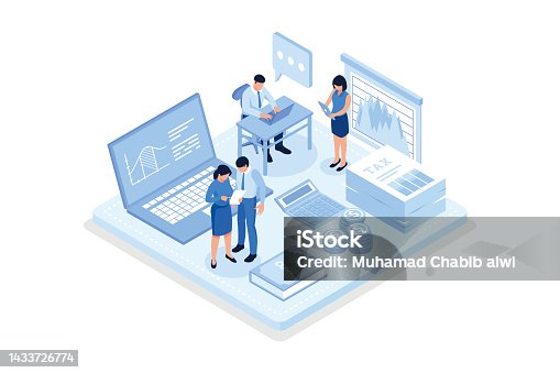 istock Financial Consultant sitting at Office Desk with Documents for Tax Calculation. Woman Preparing Financial Tax Report. Accountant at Work. Accounting Concept, isometric vector modern illustration 1433726774
