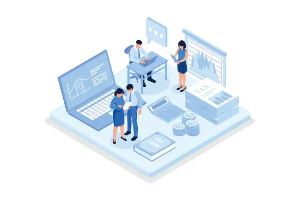 Vector illustration of Financial Consultant sitting at Office Desk with Documents for Tax Calculation. Woman Preparing Financial Tax Report. Accountant at Work. Accounting Concept, isometric vector modern illustration