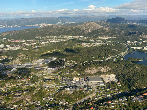 Aerial view towards the city of Bergen in Norway