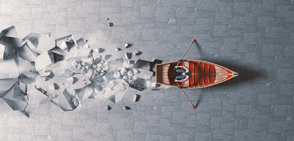 Man rowing on a boat on concrete floor . Motivation and mindset concept . This is a 3d render illustration .