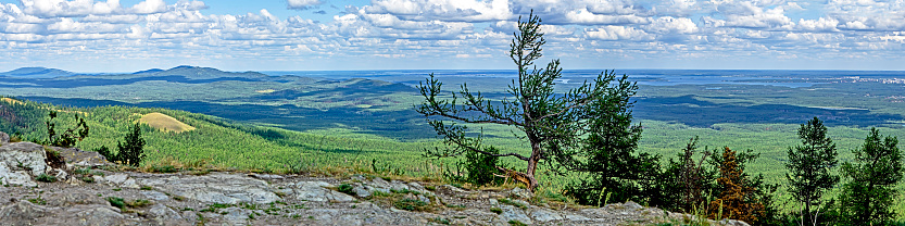panoramic view of the mountainous terrain from a high point in the area of Mount Sugomak near the city of Kyshtym, Ural Mountains