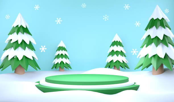 istock 3D rendering winter season and podium on blue background, 3d illustration Christmas tree and snow ground 1433728346