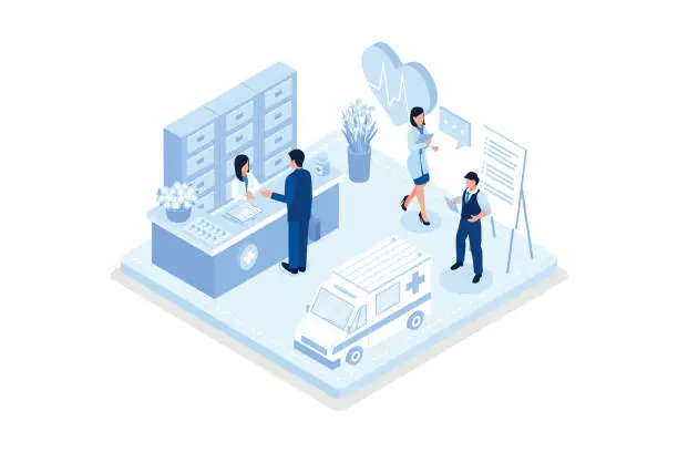 Vector illustration of Hospital Building and Ambulance Car. Stethoscope and Medicament Bottles lying around. Health Care Services and Online Medicine Concept, isometric vector modern illustration