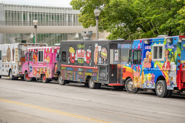 Food trucks along Monroe Street Chicago, IL stock photo