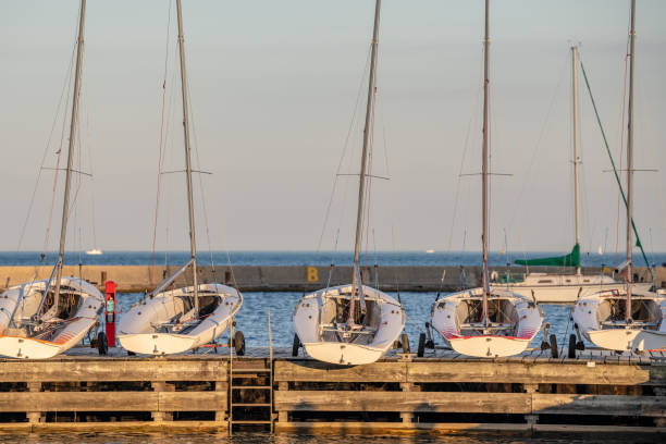 Sailboats for rent downtown in the Loop. Chicago, IL. stock photo