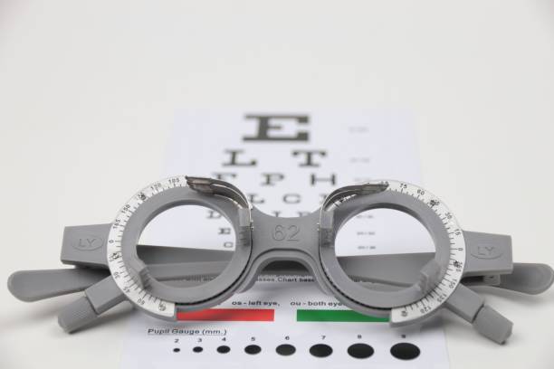 istock Trial frame, test eyeglasses on chart, optical shop concept 1433731774