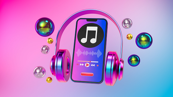 Escuchar música en un teléfono móvil, reproductor de música con auriculares, aplicación de música de renderizado 3D en un teléfono inteligente. photo