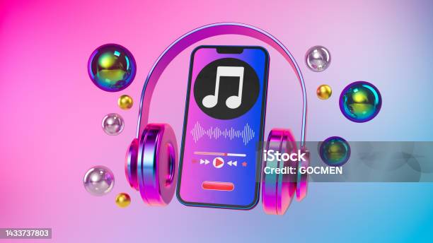 Listening To Music On A Mobile Phone Music Player With Headphones 3d Rendering Music Application On Smartphone Stock Photo - Download Image Now