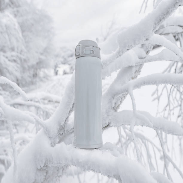 istock White thermo bottle for winter leisure. Flask thermos of drinks on snow covered tree on background of winter landscape 1433737906