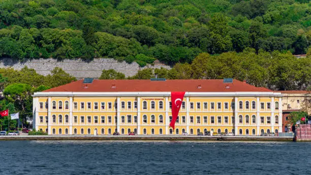 Morning view from Bosphorus Strait in a sunny day for Galatasaray University building, suited in Ortakoy, Besiktas, Turkey